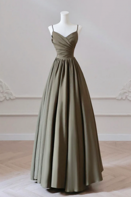 A Line V Neck Satin Olive Green Long Prom Dress, Olive Green Long Formal Dress