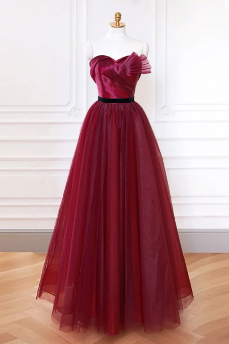 A Line Sweetheart Neck Tulle Burgundy Long Prom Dress, Burgundy Long Formal Dress