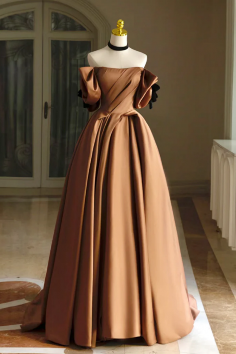 Simple A Line Satin Brown Long Prom Dress, Brown Long Formal Dress