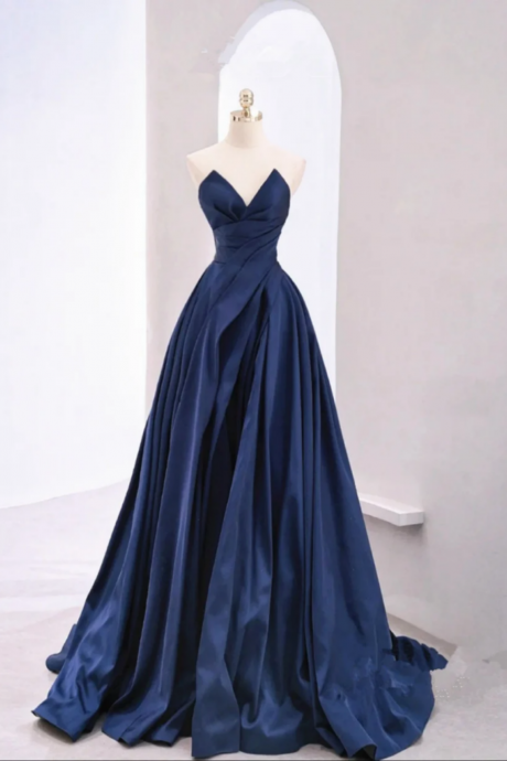 Navy Blue Tulle Long Party Dress, Navy Blue Satin Prom Dress