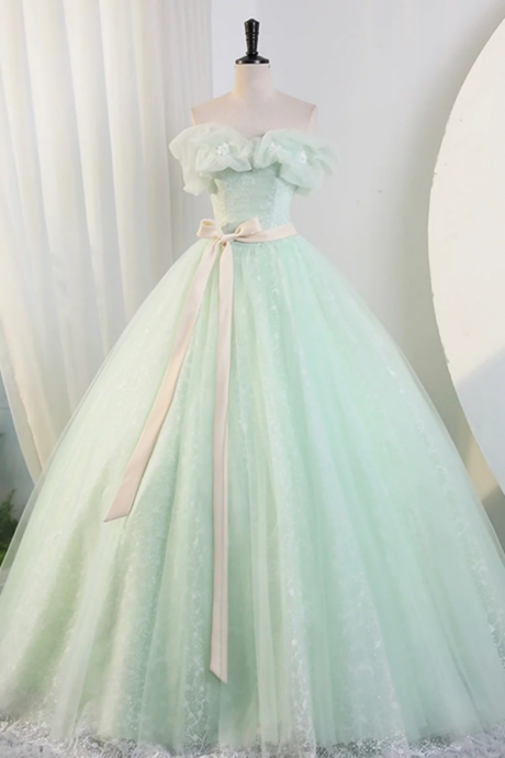 Beautiful Sage Green Tulle Floor Length Prom Dresses, A Line Off The Shoulder Evening Part Dresses