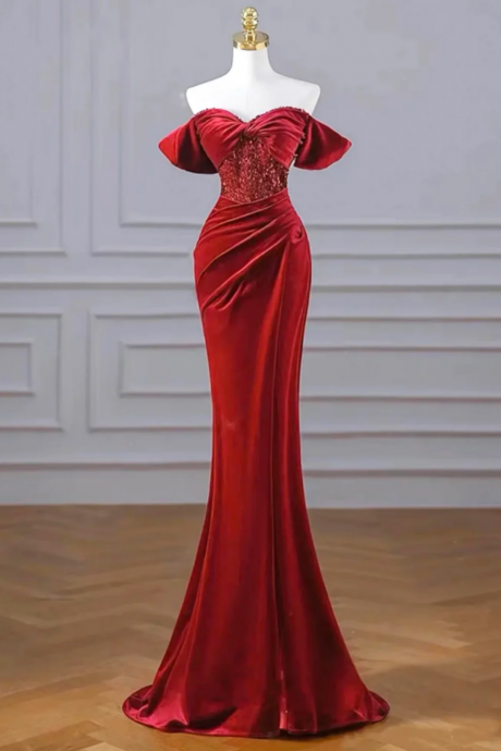 Burgundy Velvet Sequins Long Prom Dress, Mermaid Off The Shoulder Party Dress With Slit