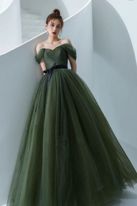 A Line Off Shoulder Tulle Green Long Prom Dress, Green Long Formal Dress