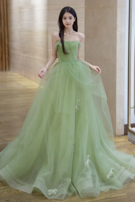 A Line Tulle Lace Green Long Prom Dress, Green Long Evening Dress