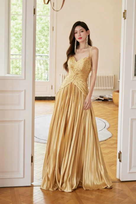 Unique Spaghetti Straps Satin Long Prom Dress, Gold V Neck Backless Evening Party Dress