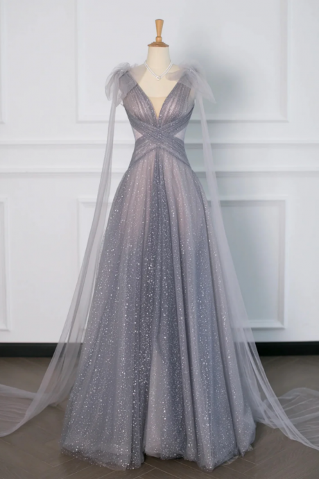Gray Tulle V Neck Floor Length Prom Dress, A Line Backless Evening Party Dress