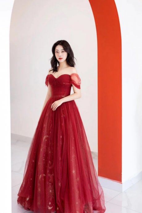 Burgundy Tulle Long Prom Dress, Beautiful A Line Off The Shoulder Evening Party Dress