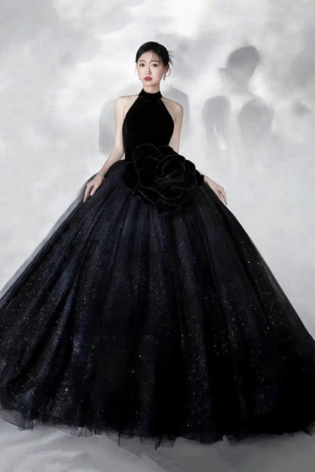 Black Halter Shiny Tulle Long Ball Gown, Black A Line Backless Formal Dress