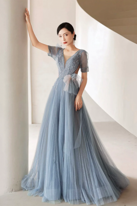 Dusty Blue Pleated Tulle Floor Length Prom Dress, Beautiful Short Sleeve Evening Party Dress