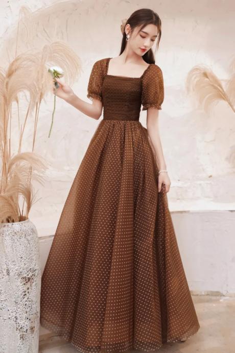 Charming Brown Tulle Floor Length Prom Dress, A Line Short Sleeve Evening Party Dress