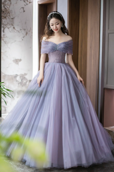 Purple Tulle Beaded Floor Length Prom Dress, Off Shoulder A Line Evening Dress