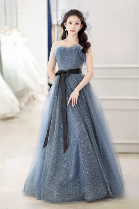 Gray Blue Tulle Long Prom Dress, Beautiful A Line Strapless Evening Dress
