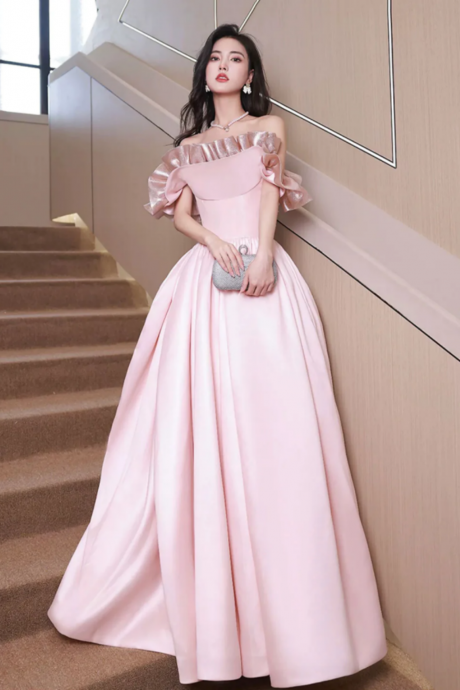 Off Shoulder Pink Satin Long Formal Dress, Pink Evening Dress Party Dress