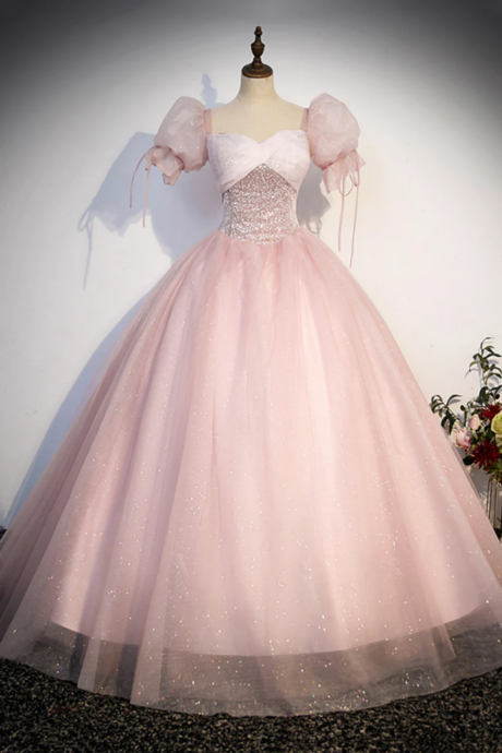 Pink Tulle Sequins Long Prom Dress, Lovely A Line Short Sleeve Evening Party Dress