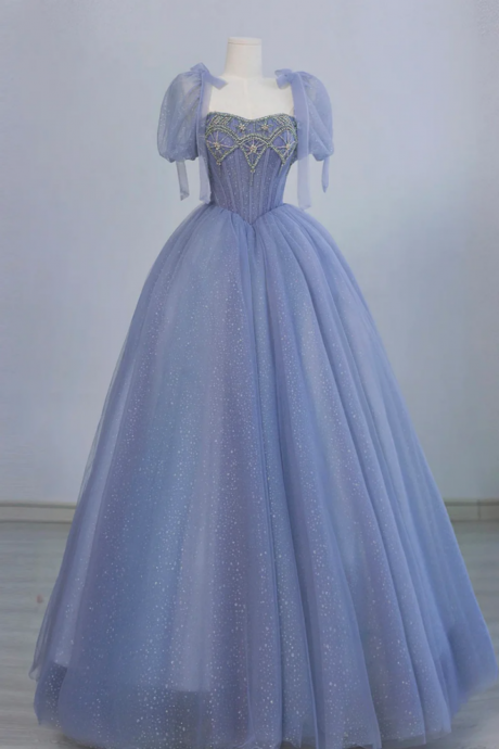 Blue Tulle Beaded Long Prom Dress, Beautiful A Line Blue Evening Party Dress