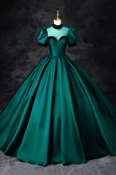 Green Satin Long Prom Dress, Elegant A Line Short Sleeve Formal Evening Dress