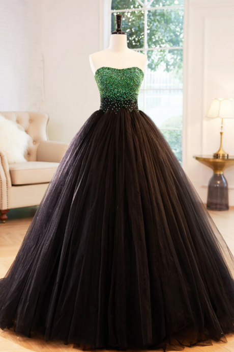 Black Strapless Tulle Long Prom Dress With Green Beaded, A Line Formal Dress