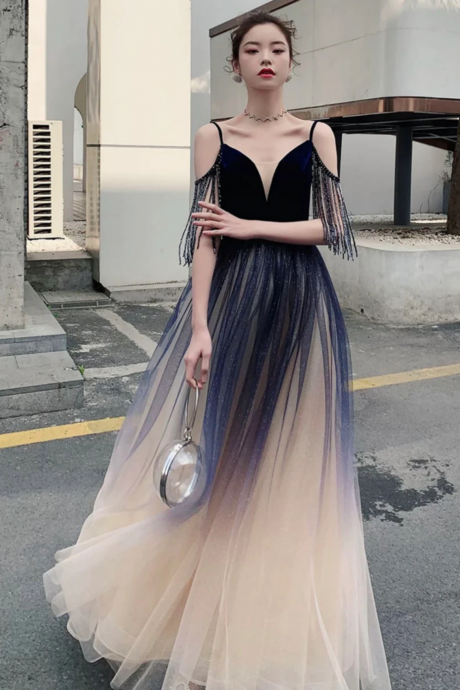 Blue Ombre Tulle V Neck Long Party Dress, A Line Prom Dress