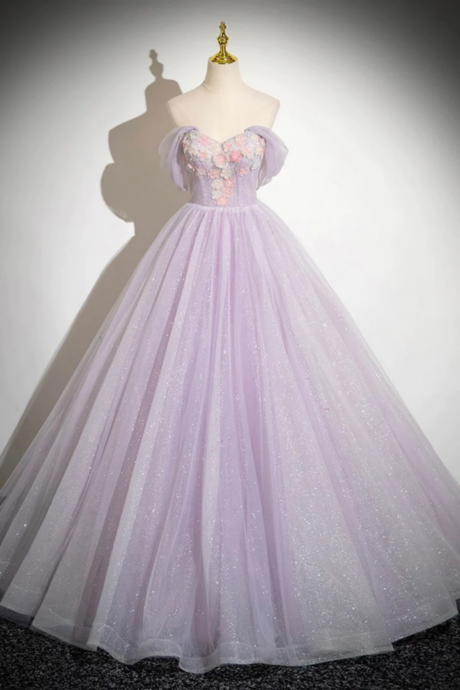 Lilac Strapless Tulle Long Prom Dresses With Flowers, Lilac Off The Shoulder Formal Evening Dresses