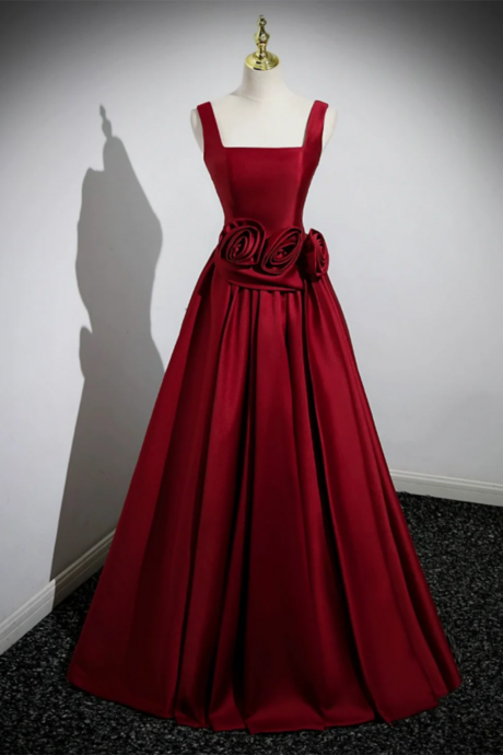 Burgundy Satin Long Prom Dress With Flowers, Elegant A Line Party Dress