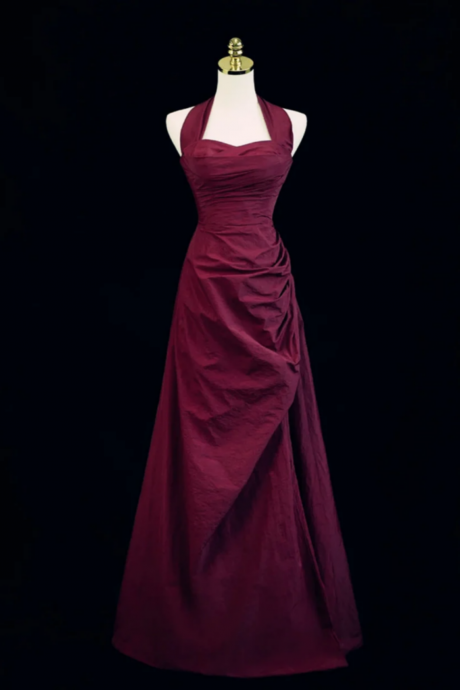 A Line Halter Vintage Style Prom Dress, Burgundy Long Evening Dress