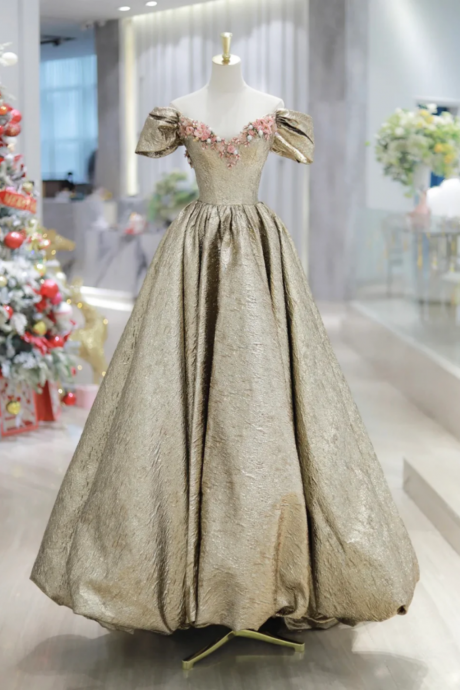 Gold Satin V Neck Long Prom Dress With Flowers, Off The Shoulder A Line Formal Dress