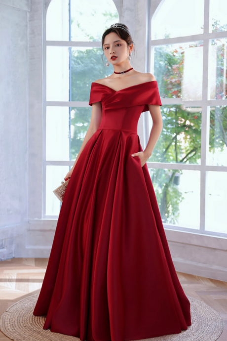 Red Satin A Line Floor Length Prom Dress, Red Off Shoulder Evening Dress