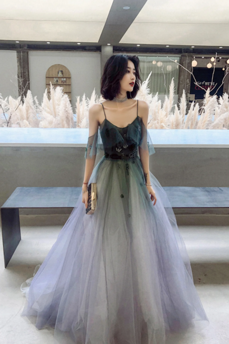 A Line Ombre Tulle Long Prom Dress, V Neck Evening Dress