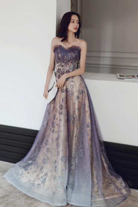 Purple Strapless Tulle Long Formal Dress, A Line Tulle Evening Dress