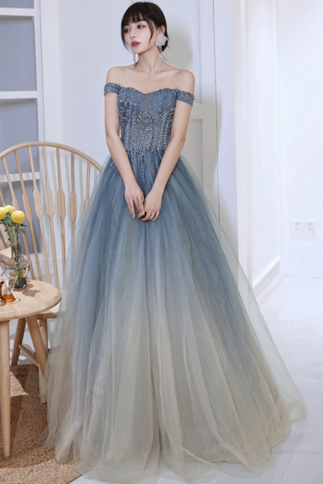 Blue Gradient Beaded Tulle Long Formal Dress, Blue A Line Prom Dress