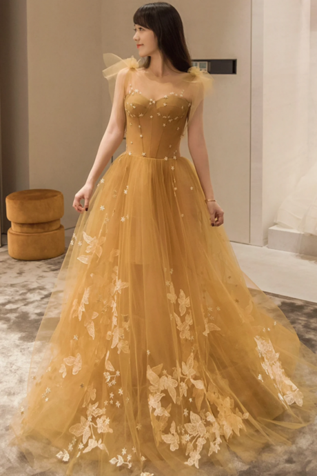 Yellow Tulle Lace Long Prom Dresses, A Line Evening Gowns