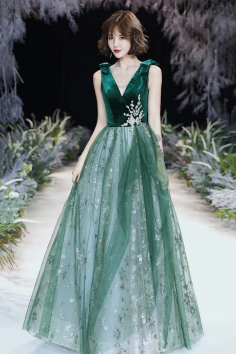 Green Velvet Tulle Long Prom Dresses, V Neck Green Evening Dresses