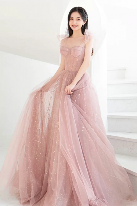 Pink Tulle Long A Line Prom Dresses, Pink Evening Dresses