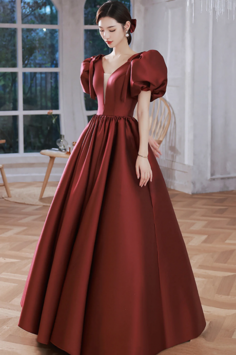 Burgundy Satin Long Prom Dresses, Lovely Puff Sleeve Evening Gown