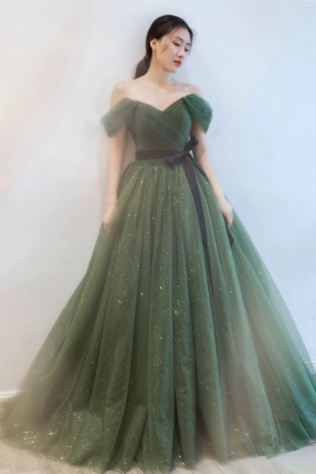 Green Tulle Long Prom Dresses, A Line Off The Shoulder Evening Dresses