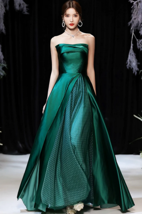 Dark Green Satin Long Prom Dress, Green A Line Strapless Evening Dress