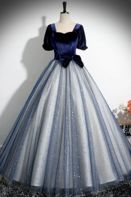Blue Velvet Tulle Long Prom Dress, A Line Short Sleeve Evening Party Dress