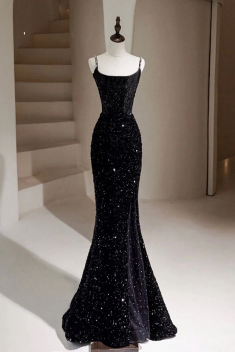 Simple Mermaid Velvet Sequin Black Long Prom Dress, Black Long Evening Dress