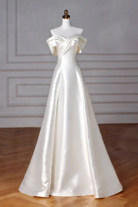 A Line Off Shoulder Satin Ivory Long Prom Dress, Satin Long Formal Dress