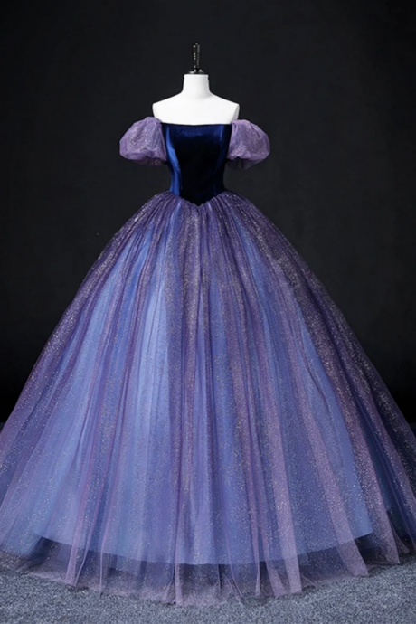 Lovely Velvet Tulle Long Prom Dress, Purple Off The Shoulder Evening Party Gown