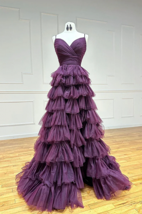 Purple Tulle Layers Long Prom Dress, Purple Spaghetti Strap A Line Evening Party Dress