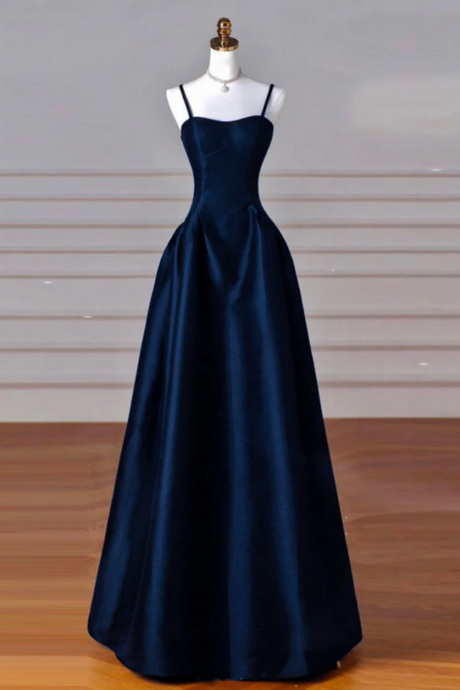 Simple A Line Dark Blue Satin Long Prom Dress, Dark Blue Long Formal Dress