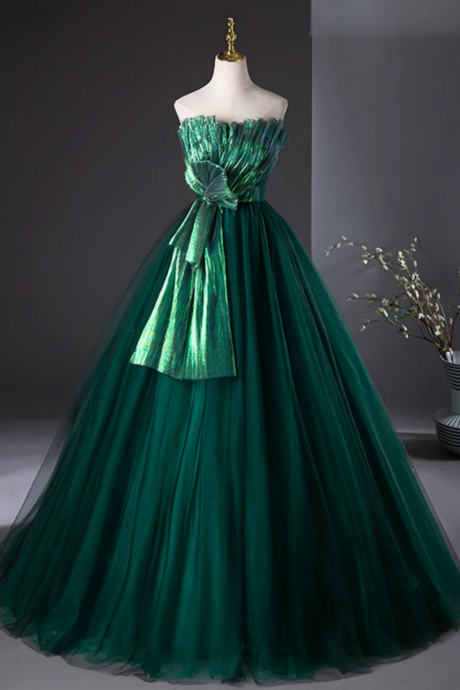 Dark Green Strapless Tulle Long Prom Dress, Beautiful A Line Formal Evening Dress