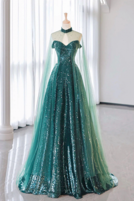 A Line Tulle Sequin Green Long Prom Dress, Green Formal Evening Dress