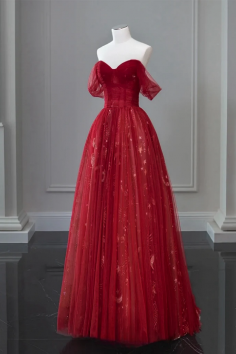 A Line Off Shoulder Tulle Lace Burgundy Long Prom Dress