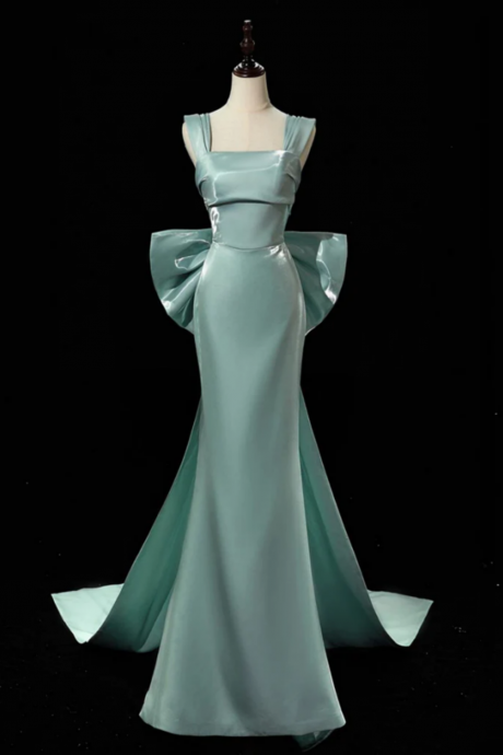 Simple Satin Green Long Prom Dress, Green Long Formal Dress With Bow Tie