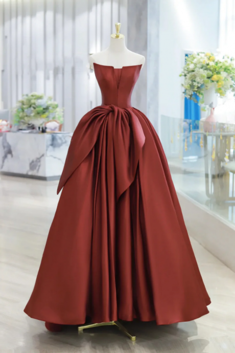 Burgundy Strapless Satin Long Prom Dress, Beautiful A Line Evening Party Dress