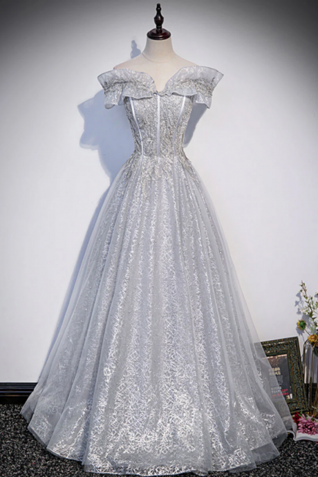 Gray Tulle Long Prom Dress, Gray Tulle Formal Dress