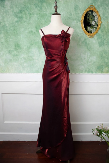 Wine Red Straps Long Prom Dress, Wine Red Evening Dress Party Dress
