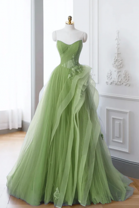 A Line Tulle Lace Green Long Prom Dress, Green Lace Long Formal Dress